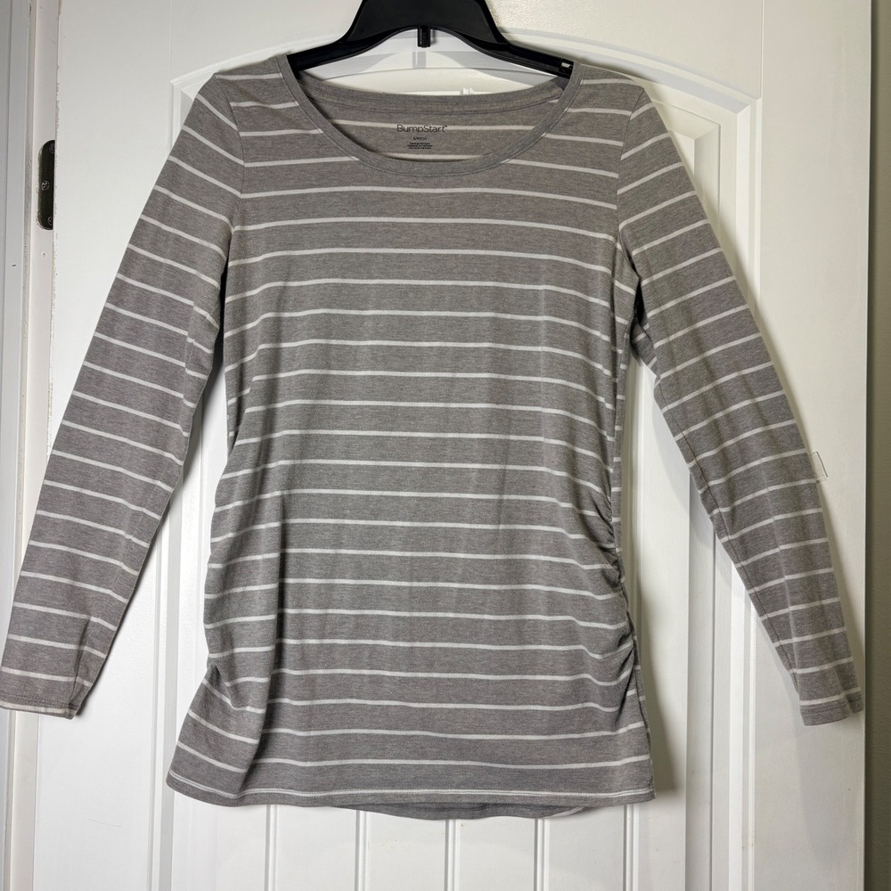 BumpStart Maternity Top Women Small Grey Striped Long Sleeve Ruched‎ Side Shirt